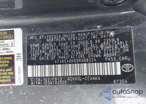 2009 Toyota Camry Le z USA, uszkodzony, nr VIN 4T4BE46K69R068224